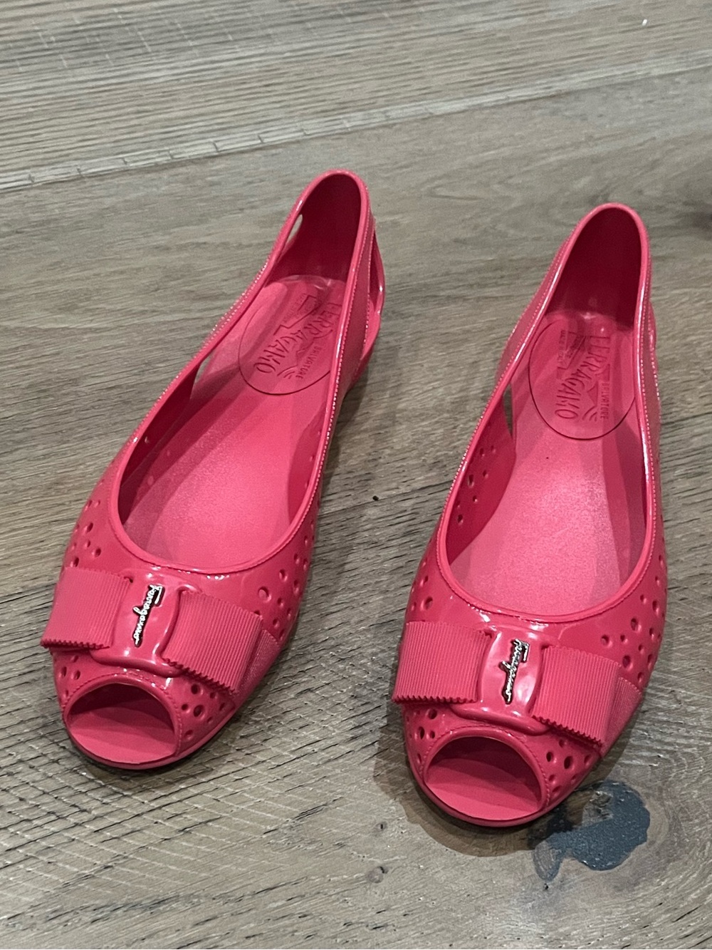 Salvatore Ferragamo Coral Pink Peep-Toe Jelly Flats